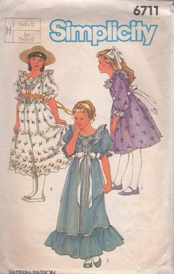 Simplicity 6711 Vintage 80's Sewing Pattern Girl's Dress Set, Modest, Fancy Ruffle Eyelet Lace Party Dress, Flower Girl Gown, Party Styles Size 7-8