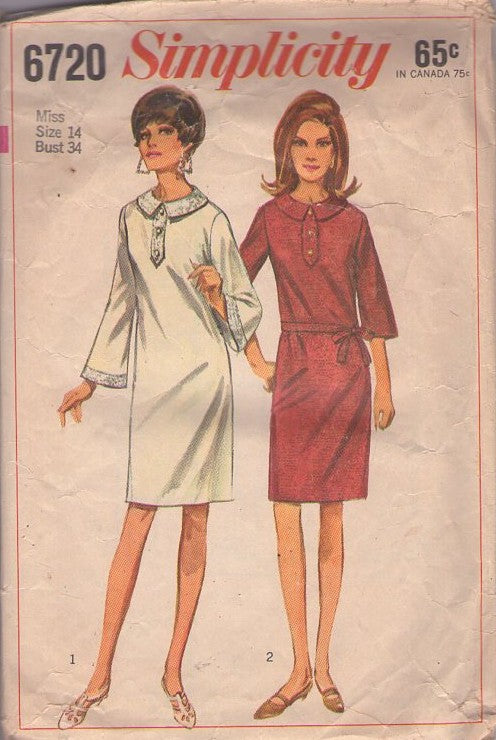 Simplicity 6720 Vintage 60's Sewing Pattern Mod Dress, Twiggy Style, Bell Sleeve Shift Dress, Button Band Trim Size 14