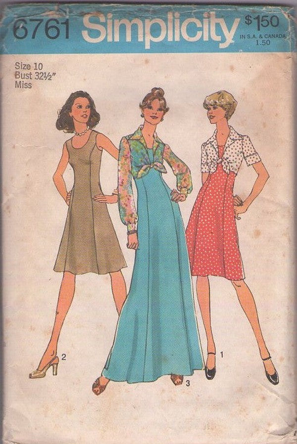 Simplicity 6761 Vintage 70's Sewing Pattern Sun Dress Set, Scoop Neck Princess Seams Disco Day Dress, Maxi Gown, Cropped Tied Front Blouse Cover Up Jacket Size 10