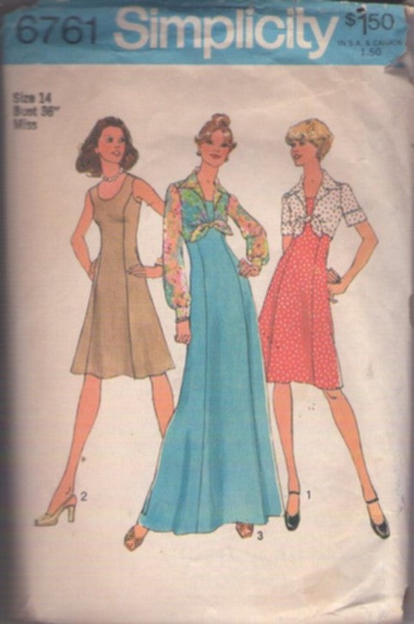 Simplicity 6761 Vintage 70's Sewing Pattern Sun Dress Set, Scoop Neck Princess Seams Disco Day Dress, Maxi Gown, Cropped Tied Front Blouse Cover Up Jacket Size 14