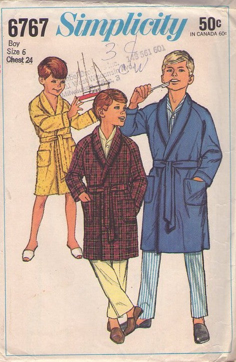 Simplicity 6767 Vintage 60's Sewing Pattern Boys' Robes, Shawl Collar Raglan Sleeve Bathrobe, Robe, Wrap & Tie Belt Size 6
