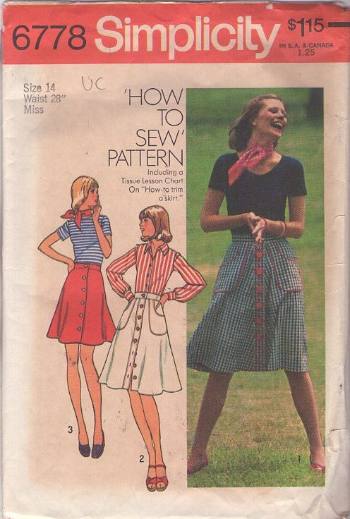 Simplicity 6778 Vintage 70's Sewing Pattern Easy Skirts, How to Sew, Front Buttoned Skirt, Trim, Buttons, Cargo Pockets 3 Styles Size 14