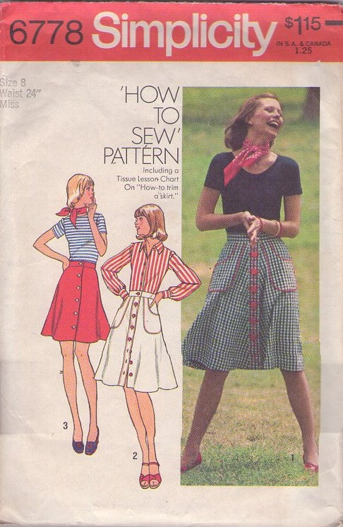 Simplicity 6778 Vintage 70's Sewing Pattern Easy Skirts, How to Sew, Front Buttoned Skirt, Trim, Buttons, Cargo Pockets 3 Styles Size 8
