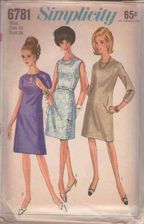 Simplicity 6781 Vintage 60's Sewing Pattern Mod Dress, Simple Styles, Modified A-Line Mod Cocktail Party Dress, 3 Sheath Styles Size 14