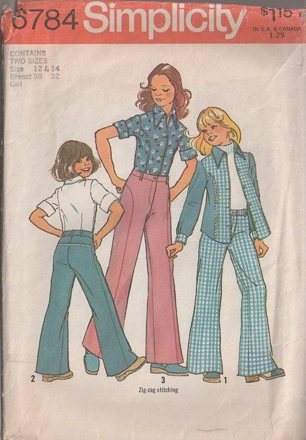 Simplicity 6784 Vintage 70's Sewing Pattern Girl's Separates, Retro Brady Bunch Fly Front Curved Contrast Seams Jeans, Bell Bottoms Pants, Shirt Jacket Size 12-14