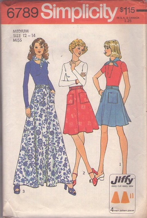 Simplicity 6789 Vintage 70's Sewing Pattern Hippie Skirts, Jiffy Easy Back Wrap Around Mini, Regular and Maxi Skirt Set Size M
