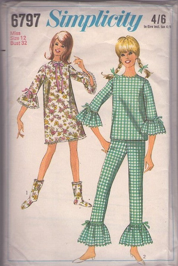 Simplicity 6797 Vintage 60's Sewing Pattern Mod GoGo Sleepwear, Circle Flounce Sleeve and Bell Bottoms Pajamas, Nightgown, Bootees Slippers Size 12
