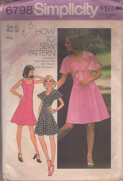 Simplicity 6798 Vintage 70's Sewing Pattern Disco Dress, Princess Seams Dress Set, Cropped Tie Front Midriff Flutter Sleeve Jacket Size 12