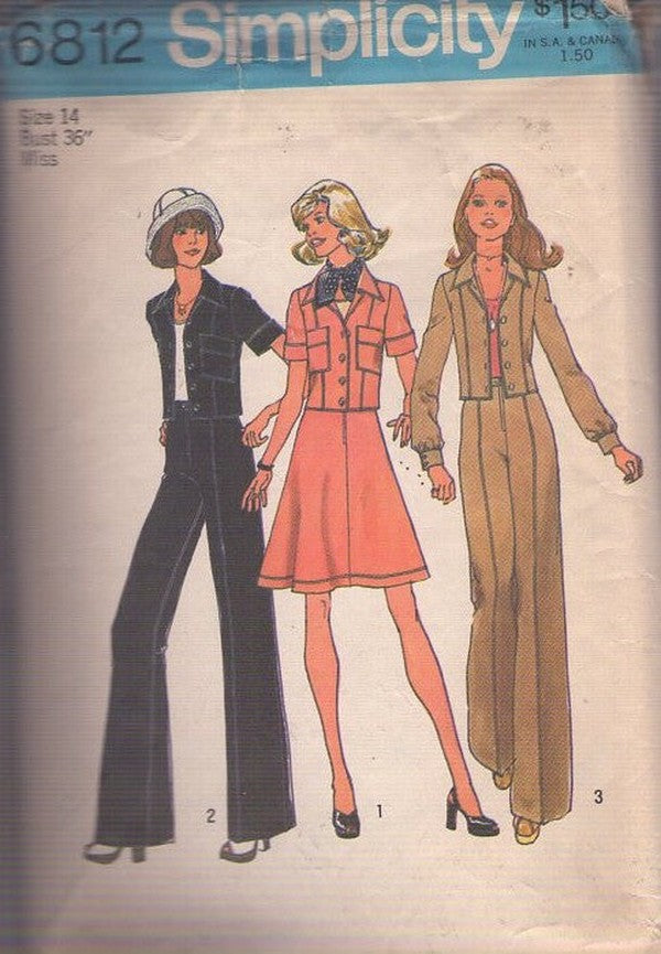 Simplicity 6812 Vintage 70's Sewing Pattern Disco Separates, Secretary Jacket Top, A-Line Skirt, Fly Front Wide Leg Pants Size 14