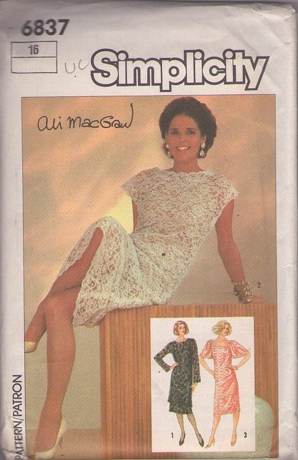 Simplicity 6837 Vintage 80's Sewing Pattern Party Dress, Sheer Lined Ali MacGraw Lace Cocktail Party Dress, Slip, 3 Styles Size 16