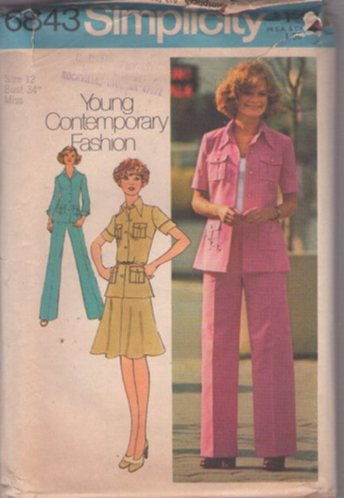 Simplicity 6843 Vintage 70's Sewing Pattern Secretary Pantsuit Separates, Safari Shirt Jacket, Blouse, Flared Skirt, Pants Size 12 CUT