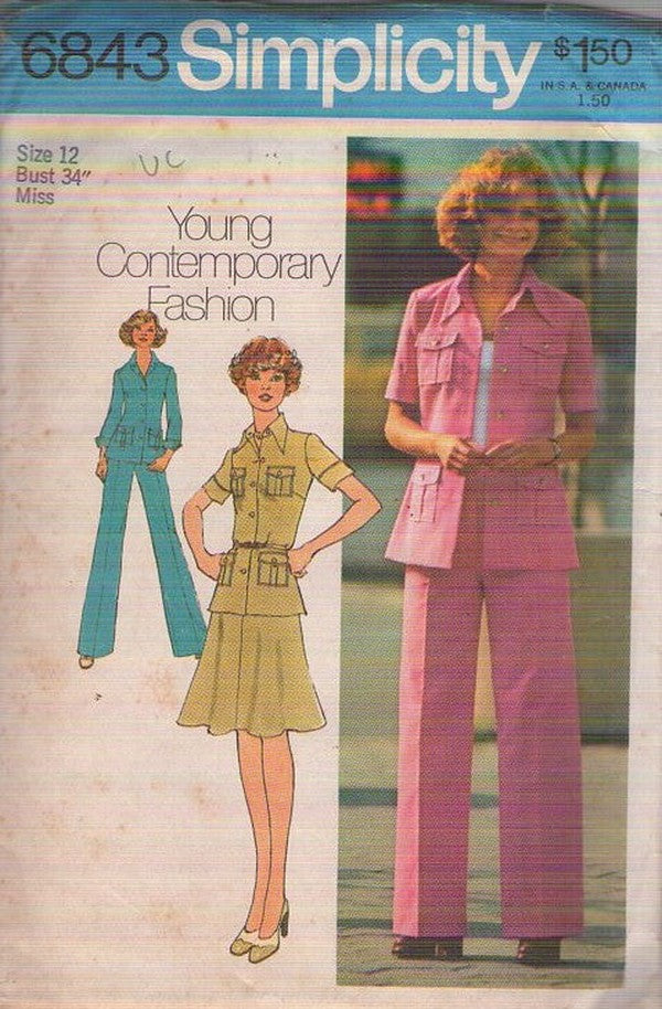 Simplicity 6843 Vintage 70's Sewing Pattern Secretary Pantsuit Separates, Safari Shirt Jacket, Blouse, Flared Skirt, Pants Size 12 UNCUT