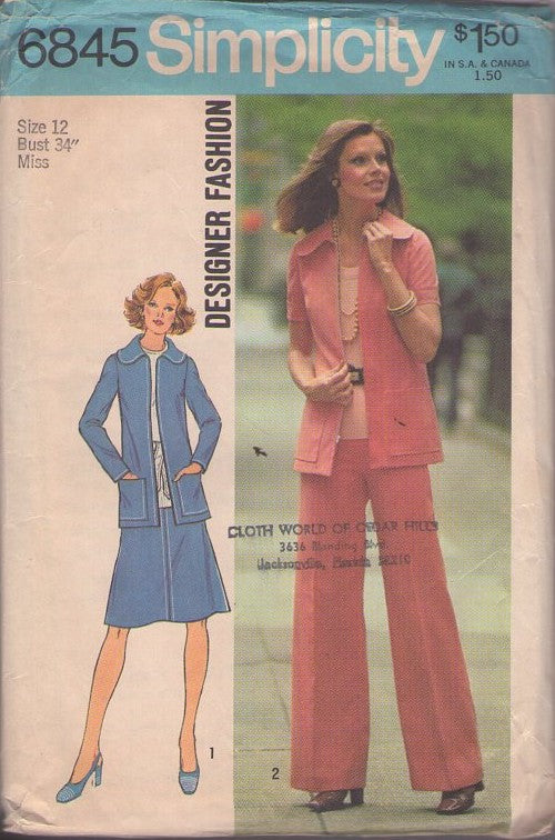 Simplicity 6845 Vintage 70's Sewing Pattern Mod Separates, Secretary Designer Fashion Zipper Front Jacket Top, A-Line Skirt, Flared Pants Size 12