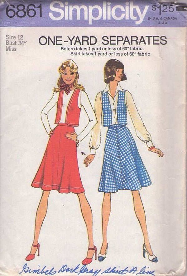 Simplicity 6861 Vintage 70's Sewing Pattern Easy Bolero & Skirt, 1 Yard Fabric Bolero Vest & Flared Bias Secretary Skirt Size 12