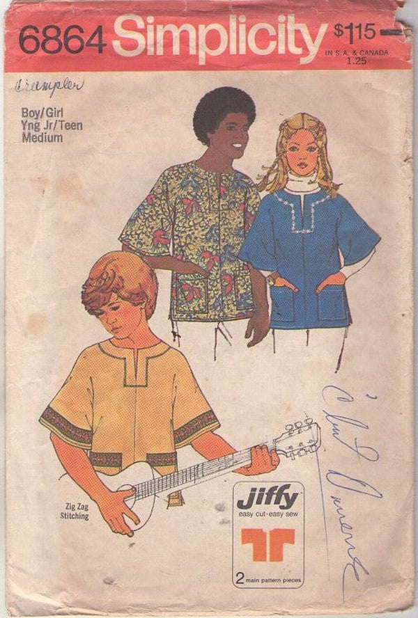 Simplicity 6864 Vintage 70's Sewing Pattern Kids' Shirt Set, Hippie Boho, Dashiki Tops Size M