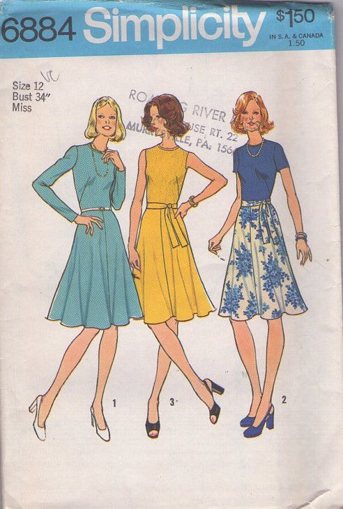 Simplicity 6884 Vintage 70's Sewing Pattern Secretary Dress, Fit & Flared Skirt, Contrast Bodice, 3 Styles Size 12