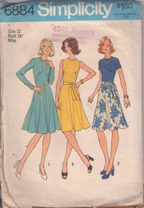 Simplicity 6884 Vintage 70's Sewing Pattern Secretary Dress, Fit & Flared Skirt, Contrast Bodice, 3 Styles Size 12 CUT