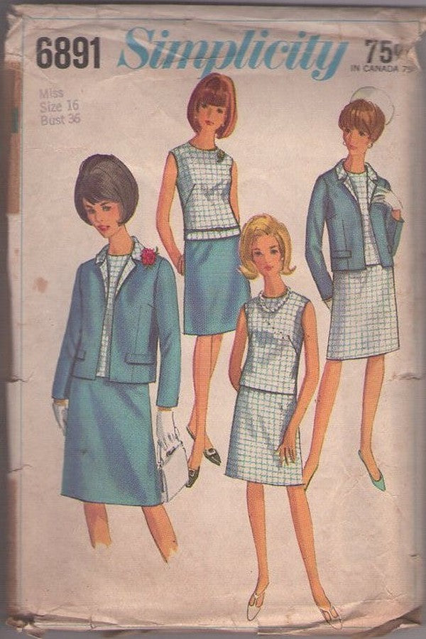 Simplicity 6891 Vintage 60's Sewing Pattern Mod Secretary Separates, Blouse Top, Jacket, Skirt Size 16