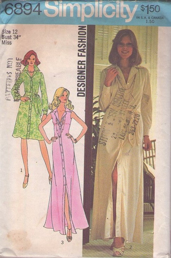 Simplicity 6894 Vintage 70's Sewing Pattern Designer Separates, Fashion Jeanne Lanvin Style Front Buttoned Coat Dress, Slinky Studio 54 Styles Size 12 CUT
