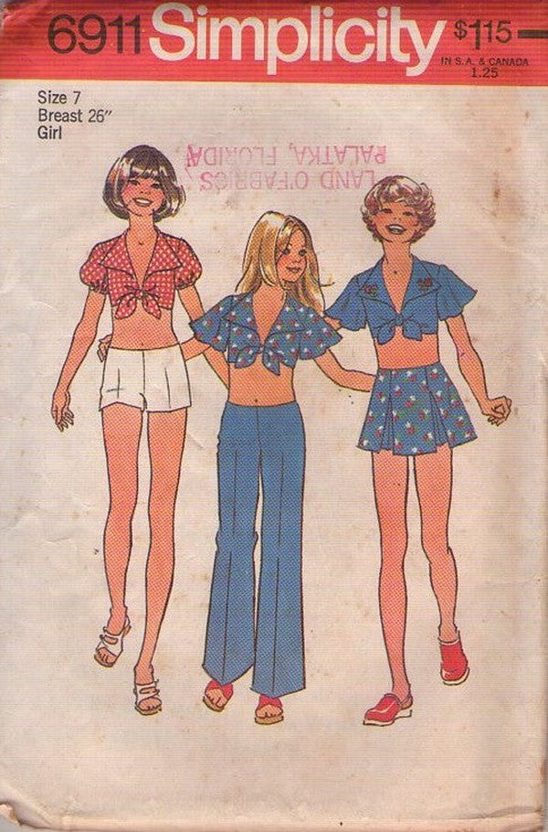 Simplicity 6911 Vintage 70's Sewing Pattern Girl's Midriff Top Blouse, Mini Skirt, Hip Hugger Pants, Hippie Summer Size 7