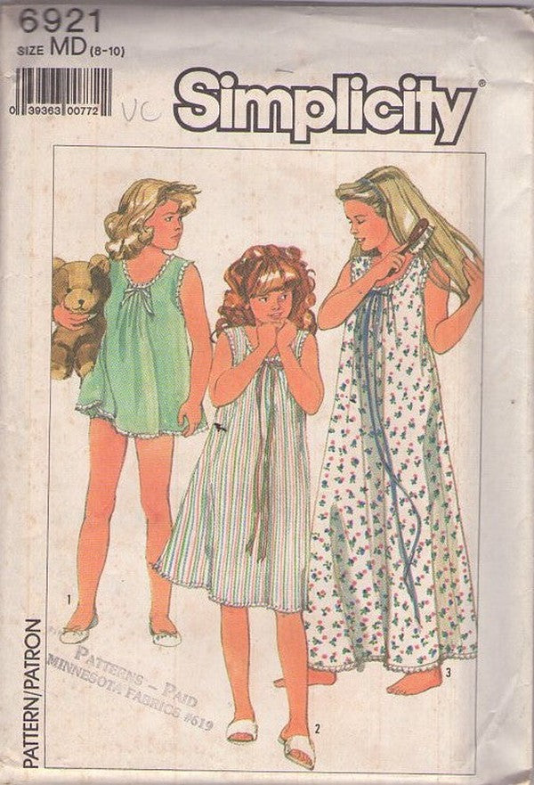 Simplicity 6921 Vintage 80's Sewing Pattern Girl's Babydoll Pajamas, Top & Bloomers Panties, Nightgown, Gown in 2 Lengths Size M