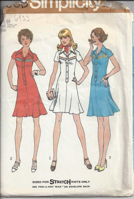 Simplicity 6933 Vintage 70's Sewing Pattern Mod Dress Set, Flared Hem Step In Button Band Shirt Dress, Band Trim, Wide Collar Size 10