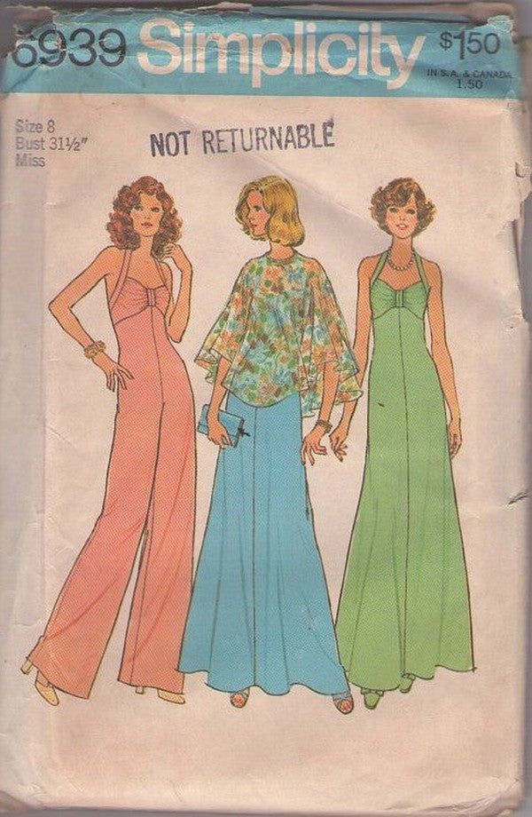 Simplicity 6939 Vintage 70's Sewing Pattern Disco Dress, Jumpsuit, Ruched Top, Empire Waist, Halter Top, Bare Back, Maxi Gown, Sheer Poncho Cape Size 8