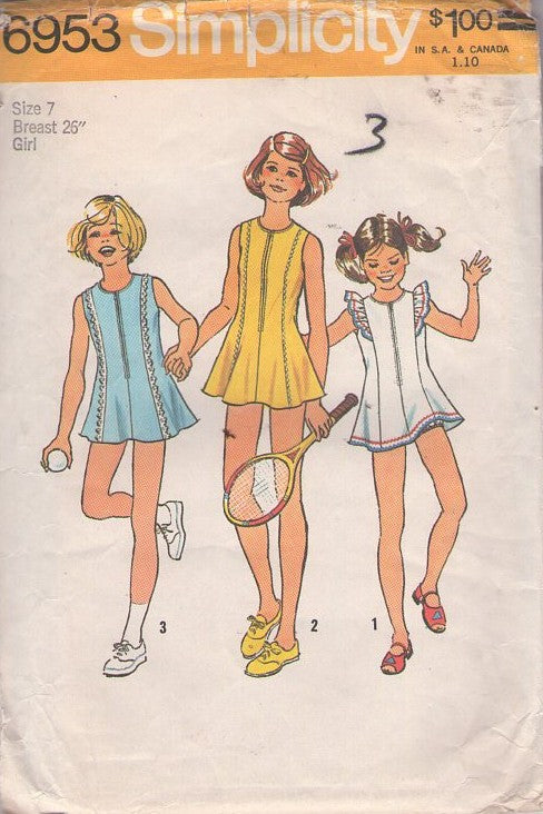 Simplicity 6953 Vintage 70's Sewing Pattern Girl's Tennis Dress, Panty, Front Zipper Mini Dress, Bikini Panties Size 7