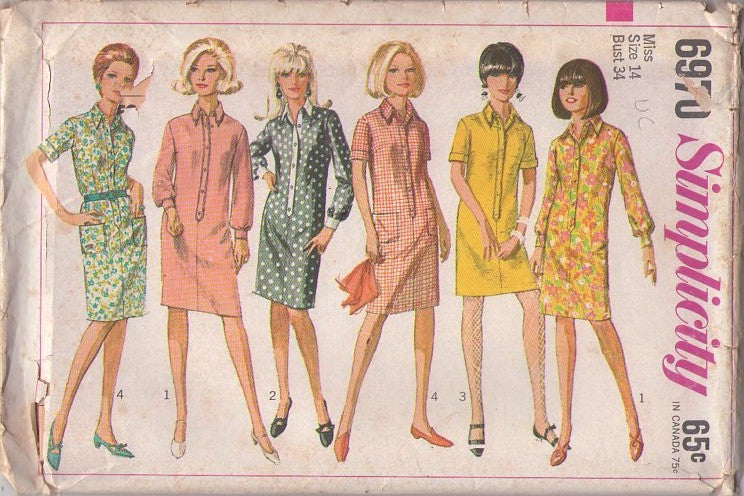 Simplicity 6970 Vintage 60's Sewing Pattern Mod Dress, Front Button Band Shirt Dress, 4 Styles Size 14