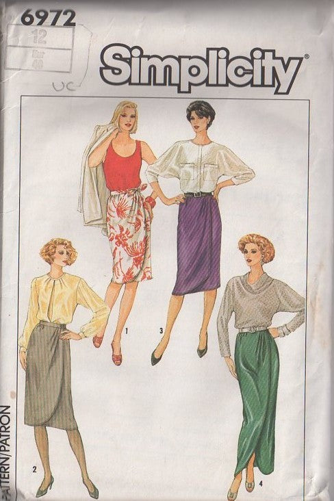 Simplicity 6972 Vintage 80's Sewing Pattern Secretary Skirts, Wrap Around Sarong Summer Skirt, Evening Gala Skirt Set Size 10