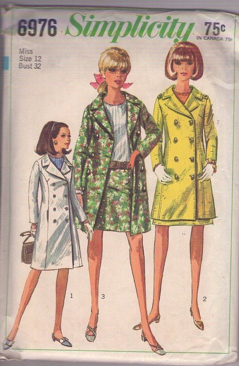 Simplicity 6976 Vintage 60's Sewing Pattern Mod Pea Coats, Twiggy, Agent 99 Double Breasted Spy Coat, Jacket, Hip Hugger Skirt Size 12