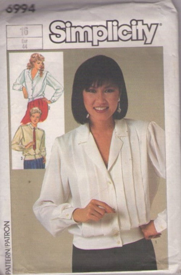 Simplicity 6994 Vintage 80's Sewing Pattern Blouse Set, Hip Peplum Band Front Buttoned Secretary Suit Blouse Set, Epaulets, Pleats, Buttons 3 Styles Size 16