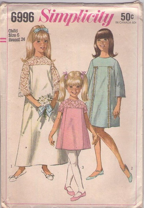 Simplicity 6996 Vintage 60's Sewing Pattern Girl's Dress Set, Sheer Lace Yoked Flower Girl Maxi Dress, School Party Dress Set 3 Styles Size 6