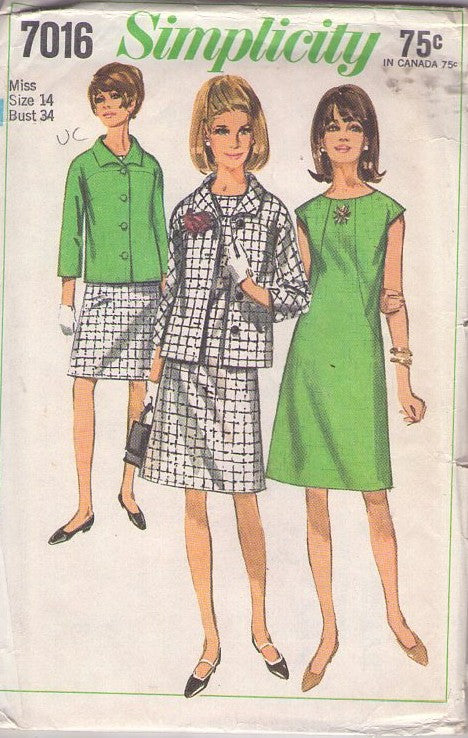 Simplicity 7016 Vintage 60's Sewing Pattern Mod Dress & Jacket, Cap Sleeve Shift Dress, Seams Details, Suit Jacket Size 14