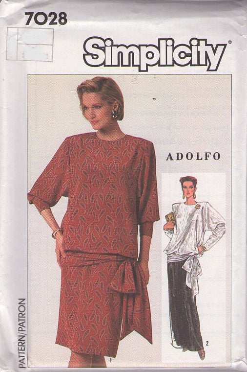 Simplicity 7028 Vintage 80's Sewing Pattern Designer Dress Set, Adolfo Flattering Drop Waist, Tied Drape Cocktail Party Dress, Red Carpet Evening Gown Size 6-10