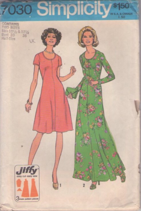 Simplicity 7030 Vintage 70's Sewing Pattern Easy Dress Set, Jiffy Half Size Scoop Neck Center Seam Flared Day Dress, Maxi Hostess Evening Gown Size 10.5 & 12.5
