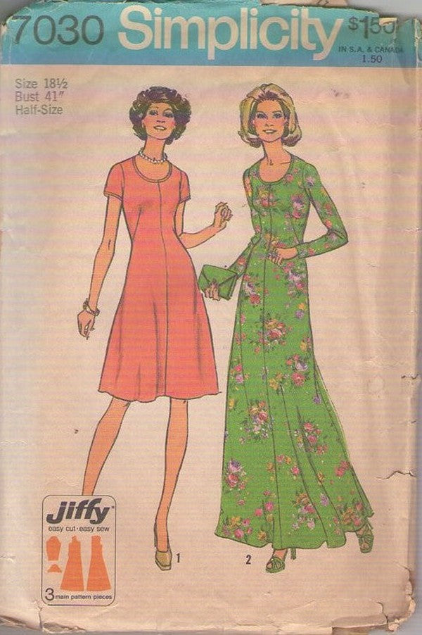 Simplicity 7030 Vintage 70's Sewing Pattern Easy Dress Set, Jiffy Half Size Scoop Neck Center Seam Flared Day Dress, Maxi Hostess Evening Gown Size 18.5