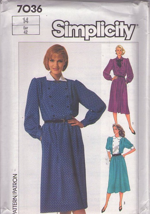 Simplicity 7036 Vintage 80's Sewing Pattern Secretary Dress Set, Office Party, Double Breasted Bib Inset Detail Modest Dress, Pockets Size 10