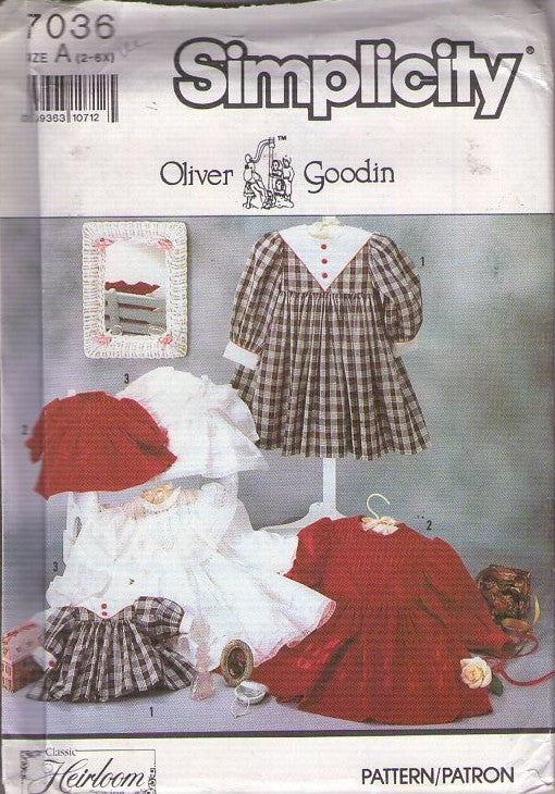 Simplicity 7036 Vintage 90's Sewing Pattern Girl's & Doll Dress Set, Heirloom Designer Oliver Goodin Old Fashioned Flared School Dress, Matching 25 Doll Dress Size 2-6X