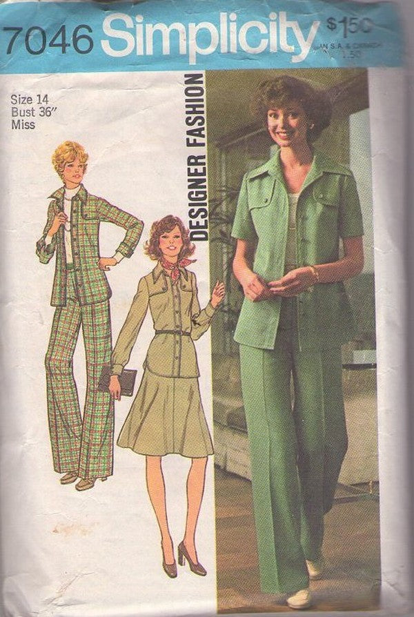 Simplicity 7046 Vintage 70's Sewing Pattern Pantsuit Separates, Designer Fashion Faux Flap Shirt Jacket, Button Up Blouse, Flared Skirt, Belled Bottom Pants Size 14