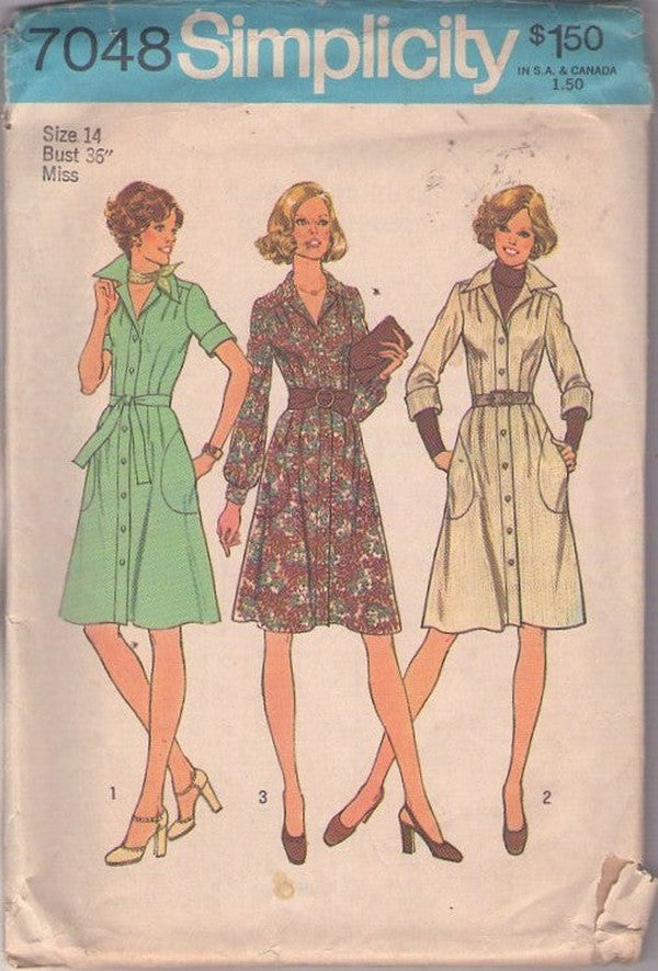 Simplicity 7048 Vintage 70's Sewing Pattern Secretary Dress Set, Disco, Front Buttons, Large Pockets, 3 Styles Size 14