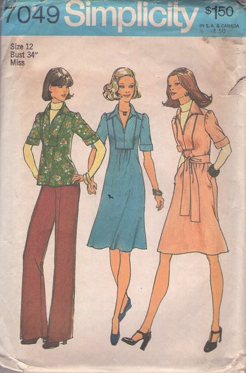 Simplicity 7049 Vintage 70's Sewing Pattern Casual Separates, Retro Secretary Collared Front Inset Dress, Tunic Top Blouse, Pants Size 12