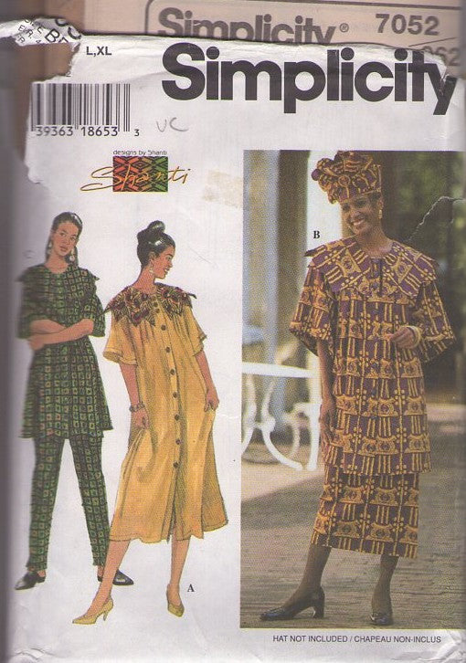 Simplicity 7052 Retro 90's Sewing Pattern Designs By Shanti Ethnic Separates, Zig Zag Collar Button Front Dress, Skirt, Pants Size L-XL