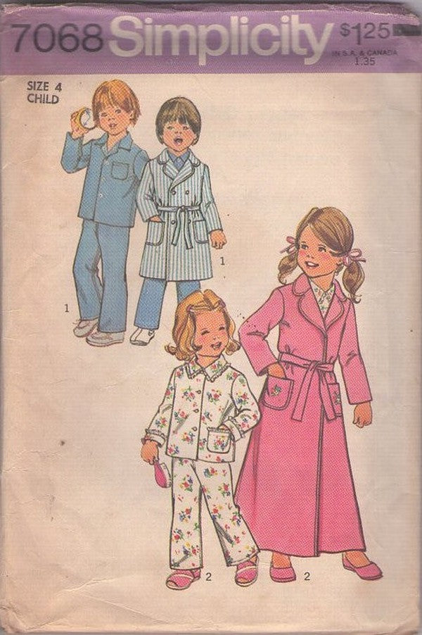 Simplicity 7068 Vintage 70's Sewing Pattern Boys' & Girls' Pajamas, Robe Set, Unisex, 2 Styles Size 4