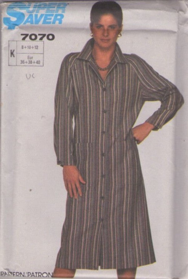 Simplicity 7070 Vintage 80's Sewing Pattern Easy Front Buttoned Shirt Dress, Shirtdress, Super Saver, Raglan Sleeves Size 8-12
