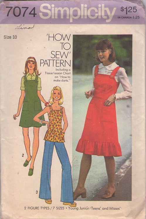 Simplicity 7074 Vintage 70's Sewing Pattern Easy Jumper, Top Set, How to Sew Button Shoulder Strap Smock Top, Jumper, Sun Dress with Ruffle Size 10