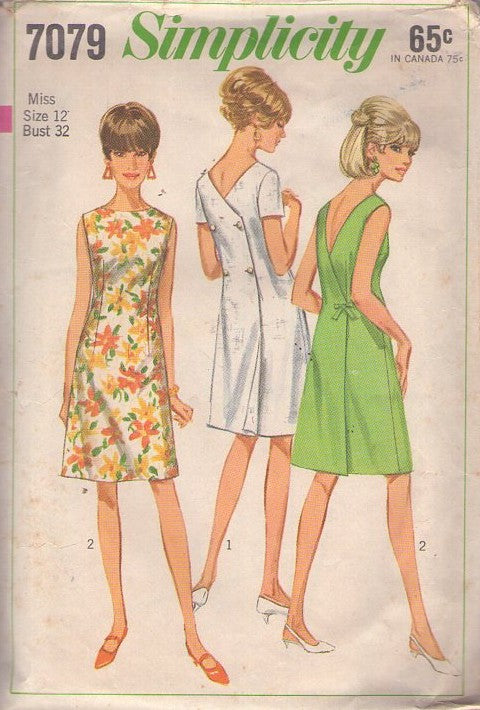 Simplicity 7079 Vintage 60's Sewing Pattern Mod Wrap Dresses, Summer Cocktail Party V Back Wrap Around Dress 2 Styles Size 12