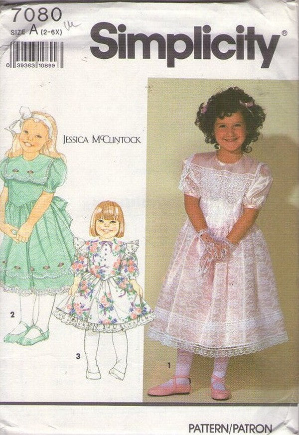 Simplicity 7080 Vintage 90's Sewing Pattern Girl's Dress, Designer Jessica McClintock, Basque Waist, Puff Sleeve Modest Flared Skirt Fancy Party, Communion, Flower Girl Dress 3 Styles Size 2-6X