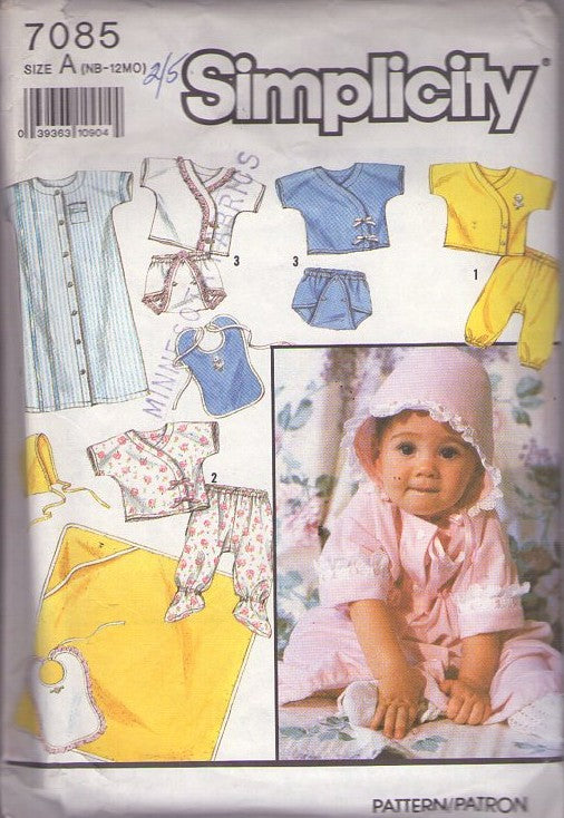 Simplicity 7085 Vintage 90's Sewing Pattern Baby Layette, Kimono Shirt, Sleeper Nightshirt, Bib, Pajamas, Hooded Towel, Hat, Diaper Cover Size NB-6 Months