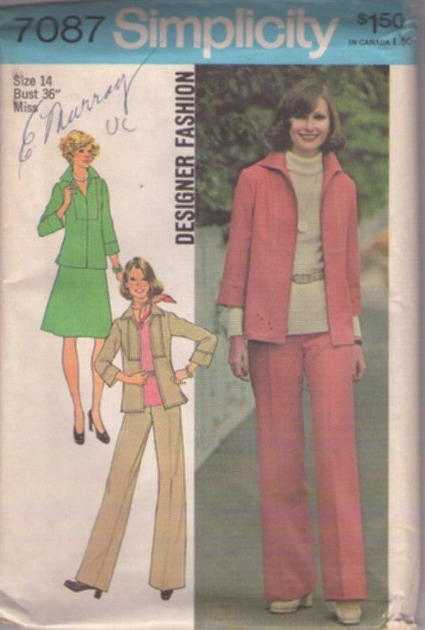 Simplicity 7087 Vintage 70's Sewing Pattern Disco Pantsuit, Designer Fashion Wing Collar Square Yoke Secretary Jacket, Pants, A-Line Skirt, Suit Separates Size 14